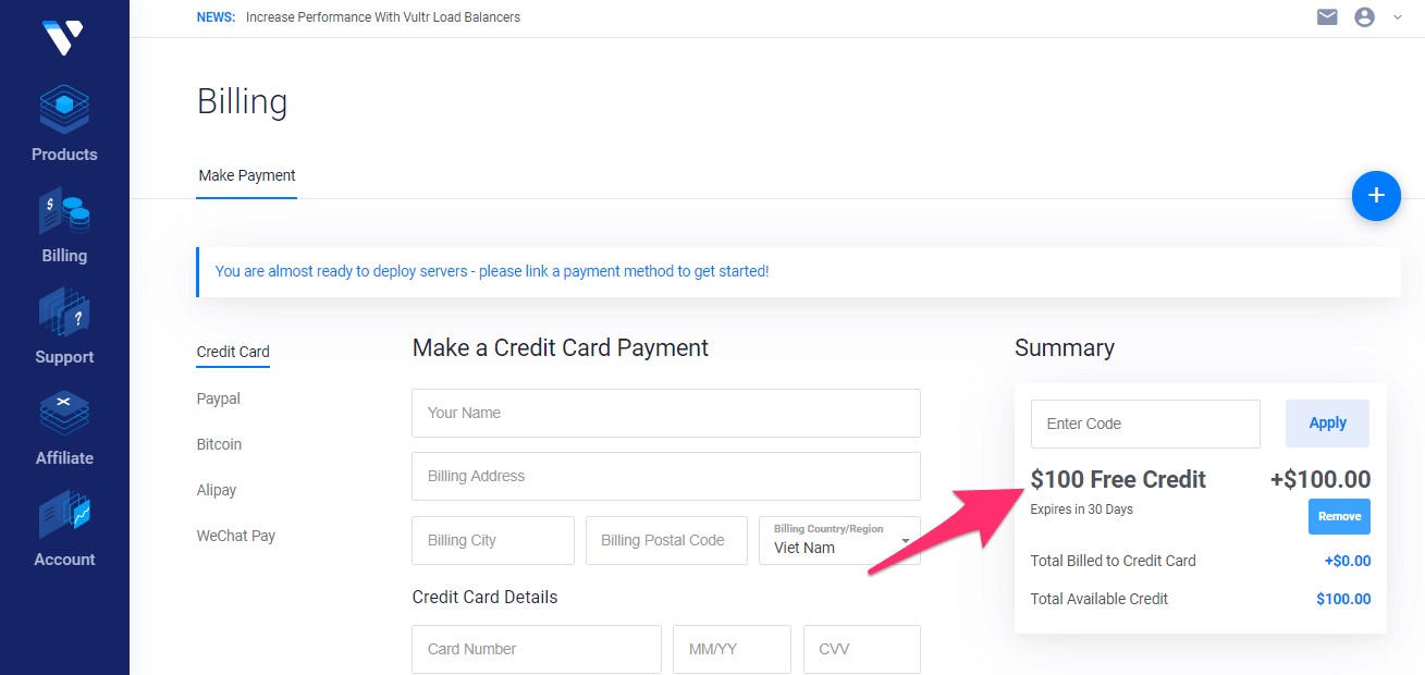 Vultr Free 100 Credit